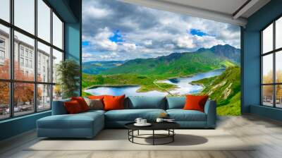 Panorama of beautiful landscape of Snowdonia National Park in North Wales overlooking Llyn Llydaw lake  Wall mural