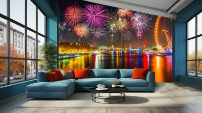 Panorama of Thames river in London with fireworks. Celebration of the New Year in London, UK  Wall mural