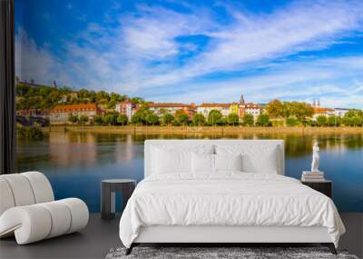 Skyline of Wurzburg city in Germany with Marienberg Fortress reflection in Main River Wall mural