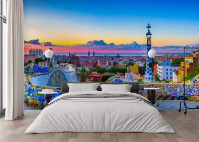 Skyline panorama of Barcelona at sunrise. Spain Wall mural