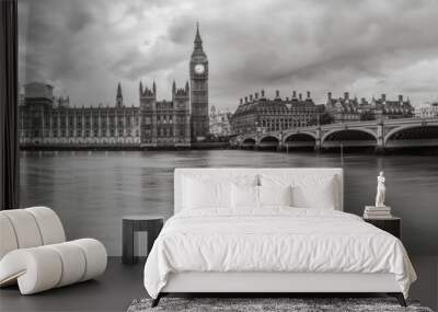 Waterfront view of Palace of Westminster in black and white Wall mural