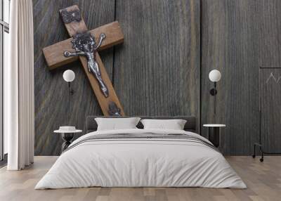 Wooden cross on wooden background Wall mural