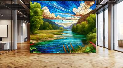 Stained glass river landscape Wall mural