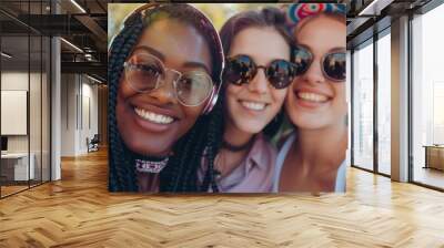 Two diverse female friends enjoying time together and taking selfies outside for social media Wall mural