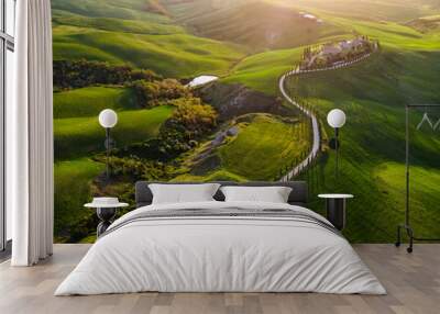 Aerial drone landscape of famous Tuscany hills, Italy spring fields sunset Asciano Siena Firenze Wall mural