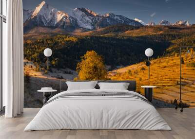 Autumn views of the Tatra Mountains from the surrounding hills. You can see the contrast between the snow above and the yellow leaves below. Wall mural