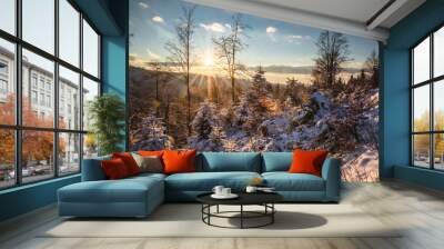 Beautiful winter in the Gorce Mountains - fresh snow created an amazing landscape. Beskidy, Poland. Wall mural