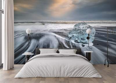 Iceland landscape black beach girl rocks diamonds ice iceberg Wall mural