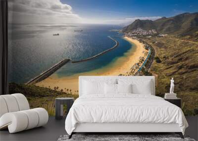 Playa de Las Teresitas captured on a warm sunny day, with the Teide volcano visible in the background. Wall mural