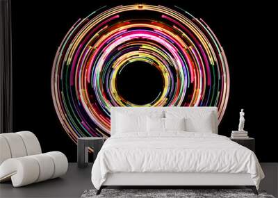 Abstract neon circle lines with empty copy space inside isolated on black background. Colorful led lights long exposure rotation photo. Wall mural