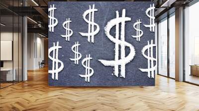 Dollar sign background. Chalkboard with dollar signs. Money texture. Amercan currency symbol. Drawing of money symbol. Black friday - cash on black. Wall mural