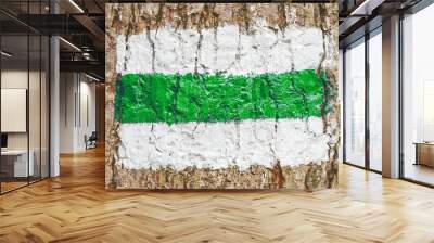 Green walking trail sign made with paint on tree bark.  Wall mural