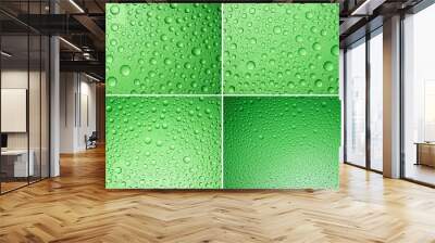 Green water drops on glass. Set of four photos. Wall mural