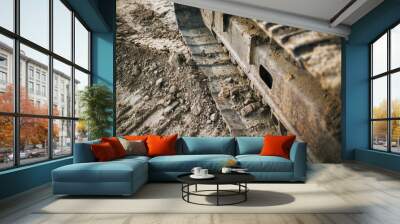 metal excavator track background. construction site sandy ground. house building background. heavy m Wall mural