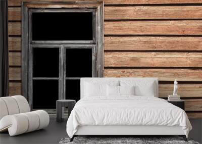 Wooden window village cottage house. Empty copy space grunge brown wood wall. Rustic frame background. Wall mural