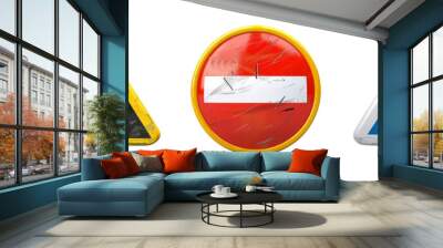  3D Warning Signs   in Studio Light   Yellow Exclamation Triangle, Red No Entry Circle, Blue Safety Symbol cut out PNG on transparent Wall mural