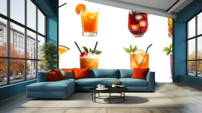  colorful cocktails served in glasses with ice and garnished with fruit. cut out PNG on transparent Wall mural