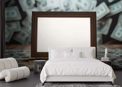 A blank photo frame sits on pile of money, creating striking visual Wall mural