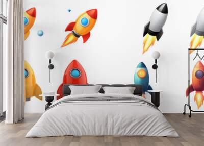 Colorful rocket illustrations in various designs and sizes, showcasing creativity and fun. Perfect for space themed projects or childrens content.  Wall mural