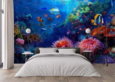 Enchanting coral reef teeming with life, with colorful fish darting among the vibrant coral formations and intricate sea anemones for blog nature lovers gallery Wall mural