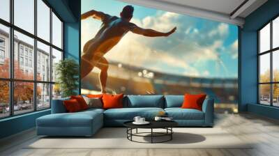 Olympic paris 2024 sport Discus Throw Focus on a discus thrower in action with a track and field stadium background, empty space right for text Wall mural