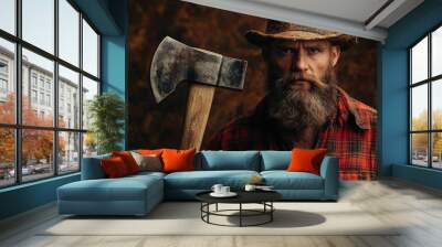 Rugged lumberjack holding an axe, showcasing strength and determination. His intense gaze and traditional attire reflect connection to nature and hard work. Wall mural