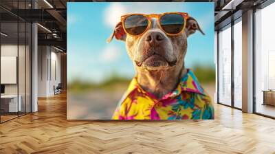 stylish dog wearing sunglasses and colorful floral shirt enjoys sunny day at beach, exuding relaxed and cheerful vibe Wall mural