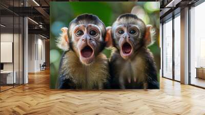 2 Capuchin monkeys, Eyes and mouth wide open with a surprised expression,generative ai Wall mural