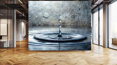 Dripping water falls onto a dull gray stone surface creating small ripples and reflections, serene scene, natural element Wall mural