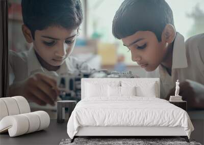 two modern small indian students doing a robotic project. the students must wear white shirt, in classroom Wall mural