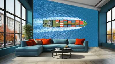 Aerial top view container ship full speed with wonderful wave pattern delivering container for logistics, import export, shipping or transportation. Wall mural