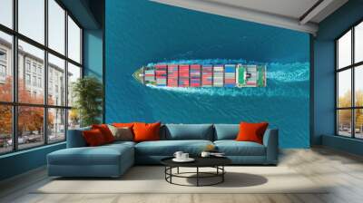 Aerial top view container ship on the sea carrier container for logistics, import export, shipping or transportation. Wall mural