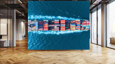 Aerial top view full speed container ship in the sea for logistics import export, shipping or transportation concept. Wall mural