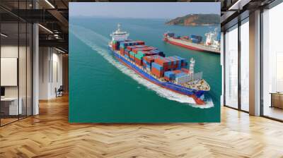 Aerial view container ship going to sea port for unload container. Logistic, import export, shipping or transportation. Wall mural