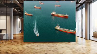 Aerial view Oil ship tanker park in the sea wait for unload oil to refinery. Wall mural