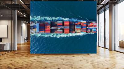 Aerial view Top speed with beautiful wave of container ship full load container with crane loading container for logistics import  export or transportation concept background. Wall mural