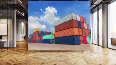 Container in container warehouse with blue sky for logistics import export, shipping or transportation. Wall mural