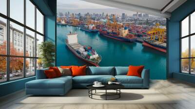 Container ship from sea port working for delivery containers shipment and container warehouse background. Suitable use for transport or import export to global logistics concept. Wall mural