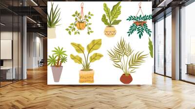 Urban jungle, House plants, fashionable home decor with plants, cacti, tropical leaves in stylish pots and wicker baskets. Flat vector illustration isolated on white background Wall mural