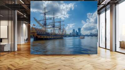 A variety of ships docked in the harbor, port, and river, showcasing a blend of nautical vessels against a picturesque city skyline Wall mural