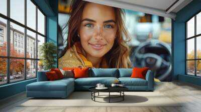 Car care, a young woman meticulously cleans the interior of a luxury vehicle, expertly using a brush to enhance its pristine condition and elegance. Wall mural