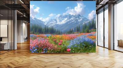 Enchanted Autumn Landscape, a vibrant panoramic scene featuring a lush pine forest adorned with summer roses and bluebell bushes Wall mural