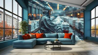 Industrial worker in freezer suit, efficiently loading frozen goods onto pallets, surrounded by rows of cold storage, maintaining a meticulous workflow in a refrigerated warehouse. Wall mural