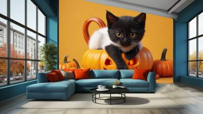 cute cat sitting above halloween pumkin on yellow background Wall mural