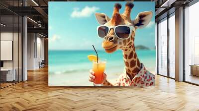 Giraffe wearing sun glasses holding cocktail at the beach Wall mural