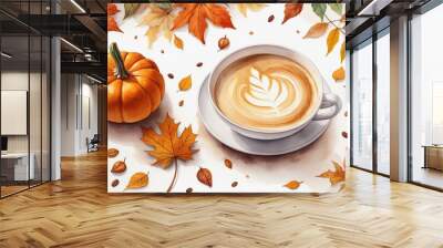 Watercolor illustration featuring a delectable pumpkin spice latte in a coffee cup surrounded by autumn pumpkins and leaves Wall mural