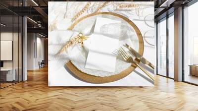 4x9 menu card mockup on white and gold plates and golden cutlery  Wall mural