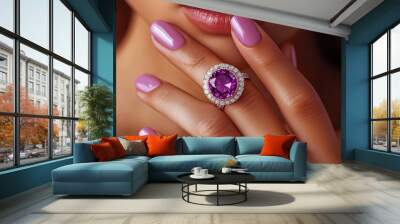 Female hand with pink red purple nails painted with gel polish Wall mural