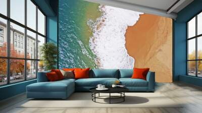 Aerial view of the waves with foam on the sandy ocean shore. Beautiful texture background for tourism and design. Tropical seashore Wall mural