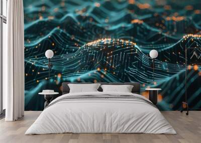 Digital brain representation, illuminated with connections and data pathways, symbolizing AI and deep learning. Wall mural